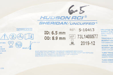 Teleflex 5-10413 Hudson RCI Sheridan Uncuffed Tracheal Tube 6.5mm ID x 8.9mm OD (x)